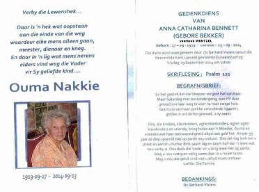 BENNETT-Anna-Catharina-Nn-Nakkie-nee-Bekker-X-Wentzel-1919-2014-F