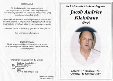 KLEINHANS-Jacob-Andries-1931-2007-M