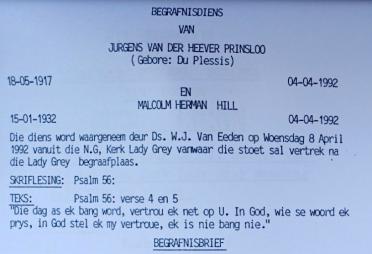 PRINSLOO-Jurgens-VanDenHeever-nee-DuPlessis-1917-1992-F---HILL-Malcolm-Herman-1932-1992-M