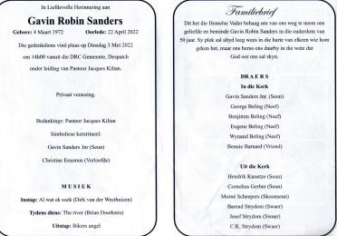 SANDERS-Gavin-Robin-1972-2022-M